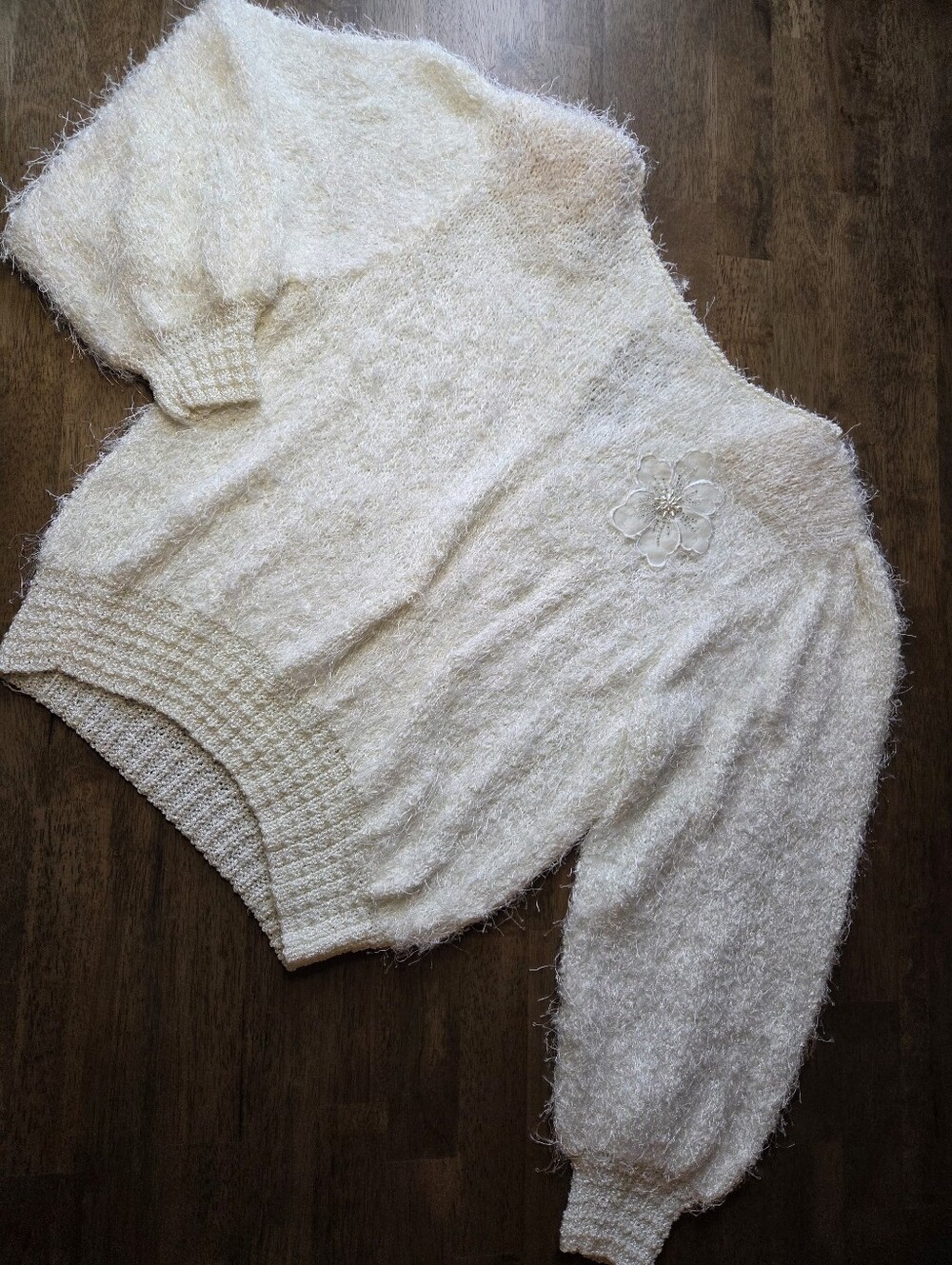 Vintage Handmade Fuzzy Knit Sweater with Flower Accent And Shoulder Pads